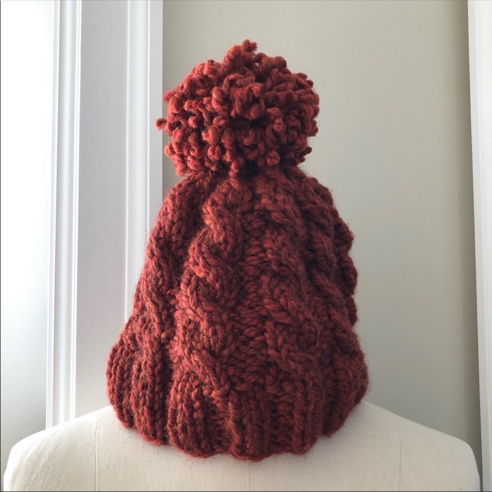 Handmade Cable Knit Pom Pom Toque Rust